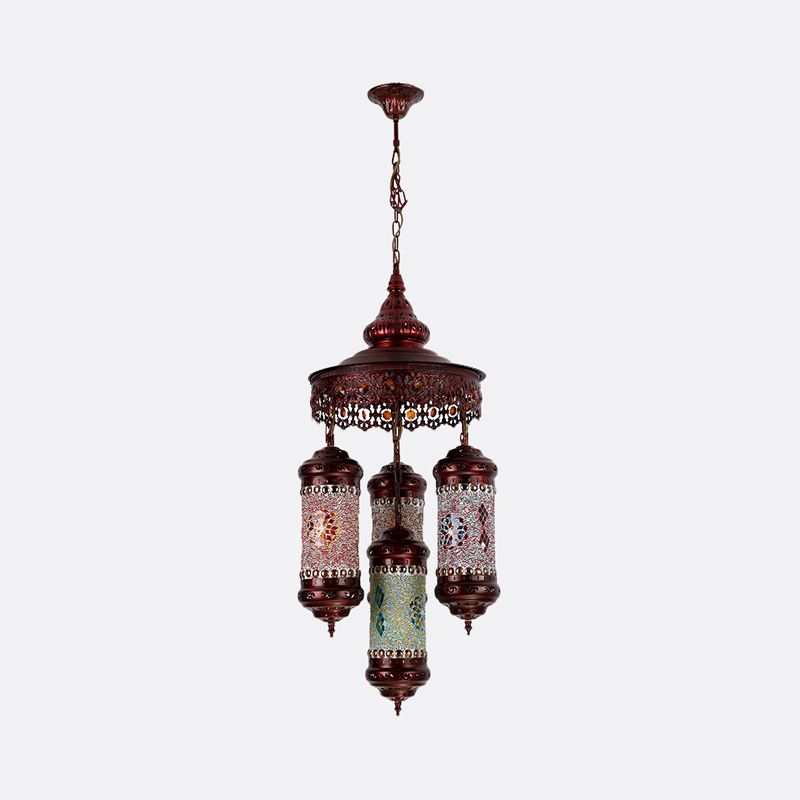 Copper Cylinder Chandelier Lighting Art Deco Stained Glass 4 Lights Bar Hanging Pendant Lamp