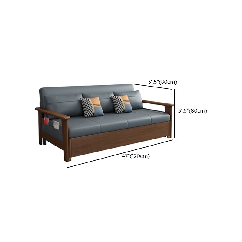 Convertible Square Arm Sofa with Pillows Faux Leather Sofa Bed in Blue