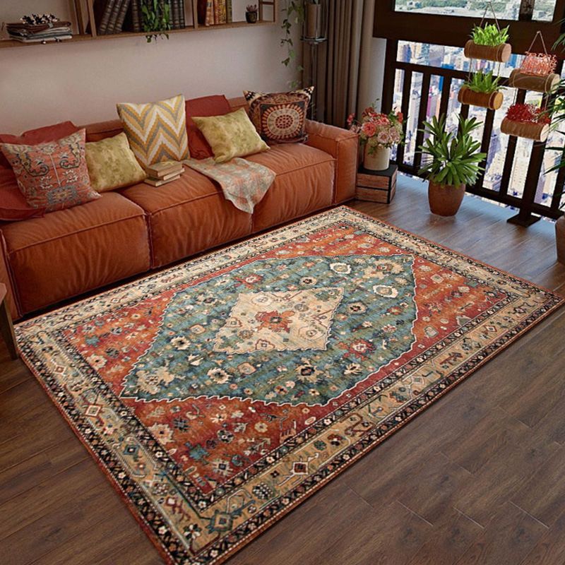 Red Tone Traditional Rug Retro Flower Print Carpet Stain Resistant Carpet for Living Room