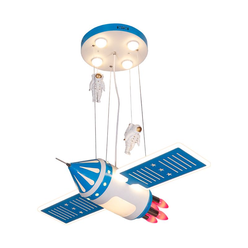 Spaceship Chandelier Light Fixture Cartoon Metal 4 Bulbs Red/Blue Hanging Pendant Lamp for Nursery