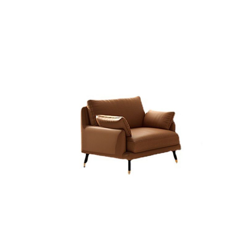 Mid-Century Modern Brown Leather Sectional Recessed Arm Sofa with Pillows