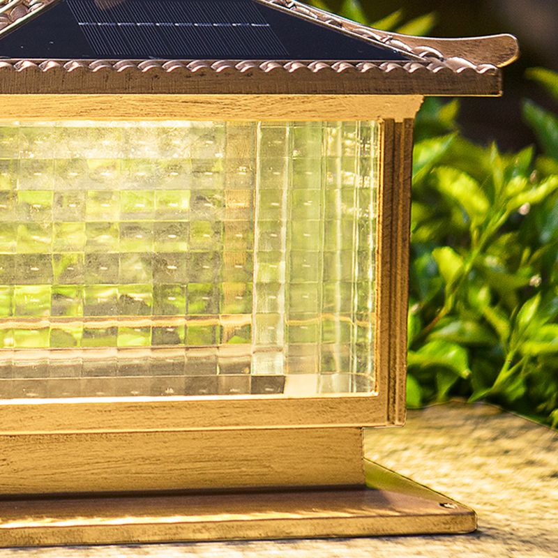 1-Light Pillar Lamp Square Solar Lighting Fixture with Glass Shade for Garden
