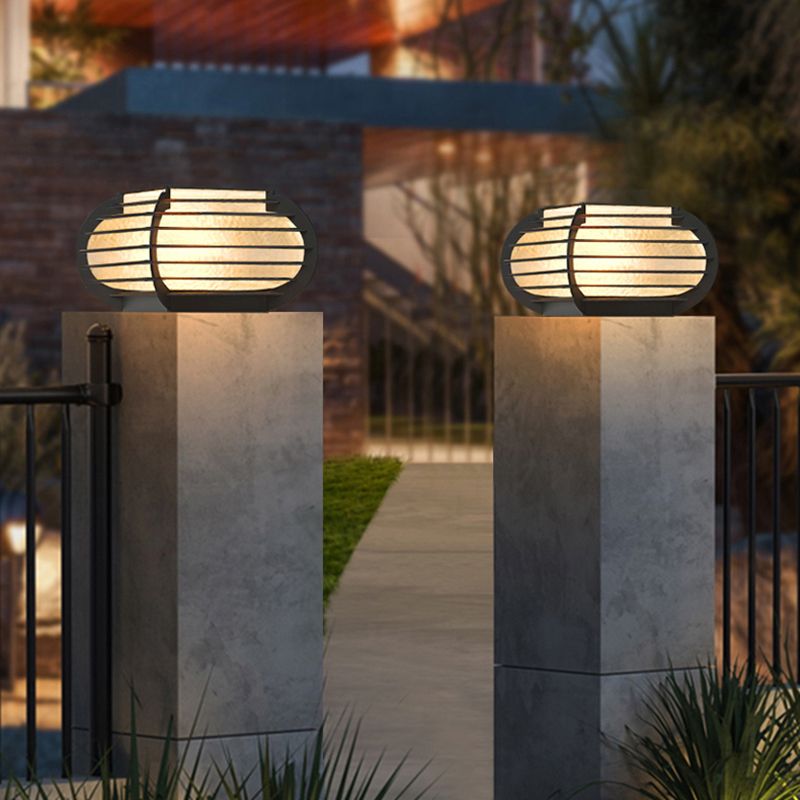 Drum Shape Metal Outdoor Light Modern 1 Light Solar Pillar Lamp in Black