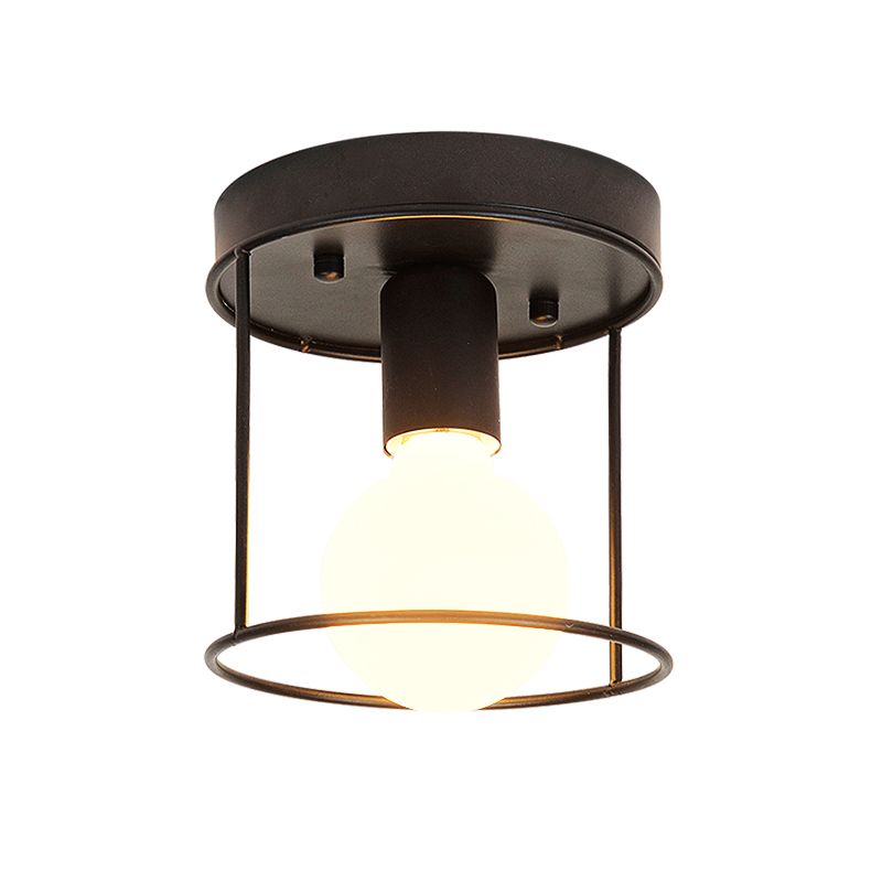 Cylinder Corridor Flushmount Light Industrial Metal One Light Black/White Ceiling Lighting with Cage