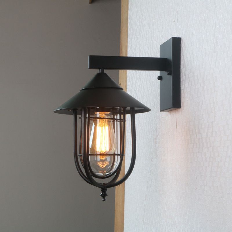 Wire Cage Outdoor Sconce Vintage Metal 1-Bulb Black Finish Wall Mounted Lamp with Clear Glass Shade