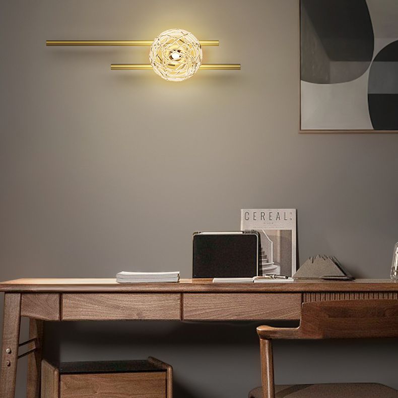 18" H Full Copper Wall Lamp Transparent Glass Globe Shade Nordic Style Metal Lines Sconce Lights for Bedroom