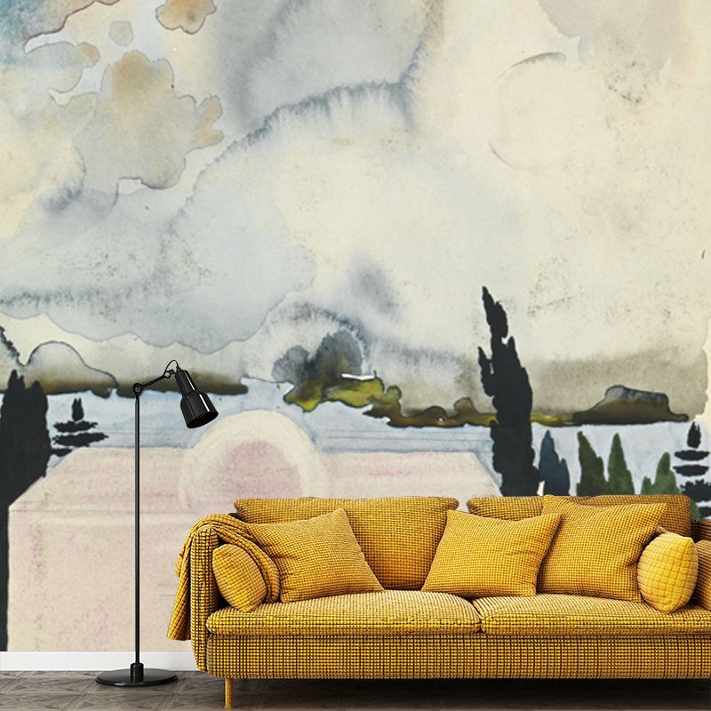 Surreal Church Landscape Painting Mural in Green Moisture Resistant Wall Decor, Custom Size
