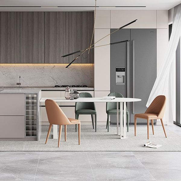 Modern Stone Top Oval Dinette Table Metal Base Dining Table in White