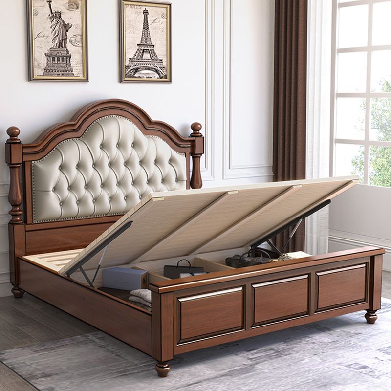 Mid-Century Modern Standard Bed Solid Wood Panel Bed with Upholstered Headboard