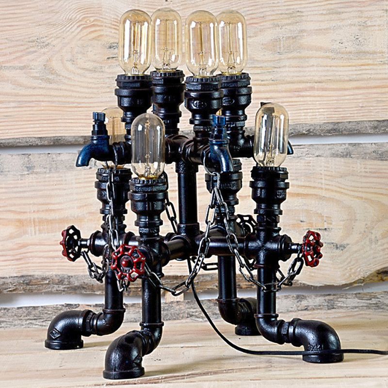 Steampunk Open Bulb Table Lamp Multi Light Metallic Table Lighting in Black for Restaurant, 8.5"/14" Width