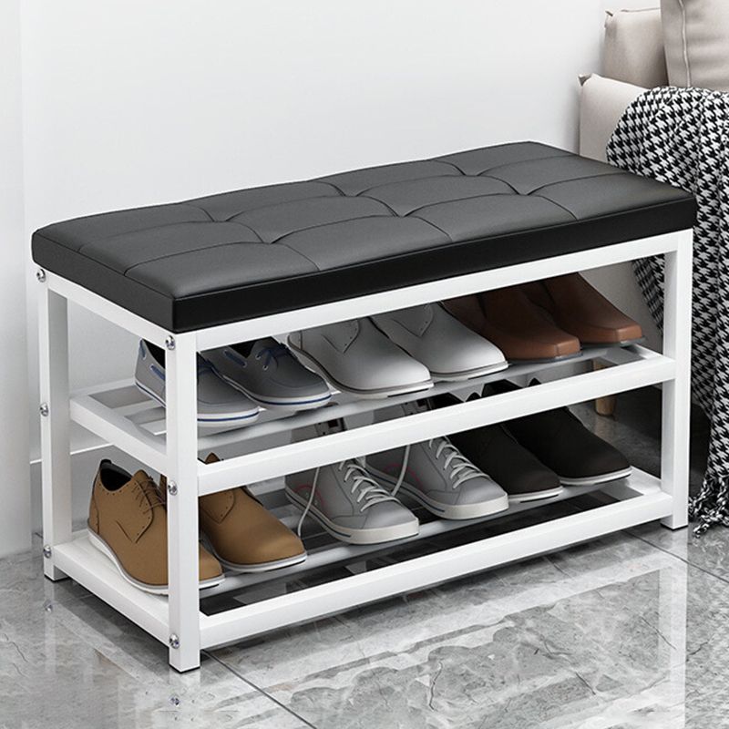 Contemporary Ottoman Faux Leather Upholstered Tufted Rectangle Ottoman with Bottom Rack