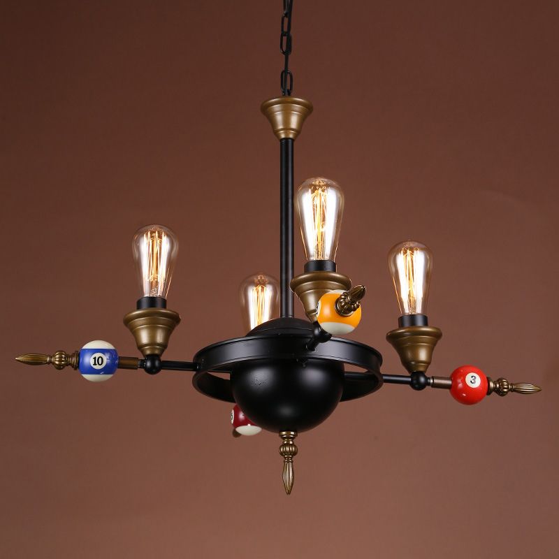Éclairage de lustre en métal en métal exposé industriel 4/6 Éclair de pendentif de salle à manger légère en noir avec plate-forme de roue