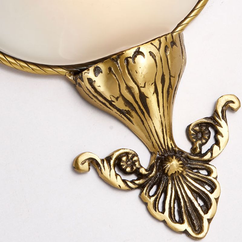 Single Bulb Flush Mount Traditional Flared Milky Glass Wall Sconce Lighting in Brass for Living Room