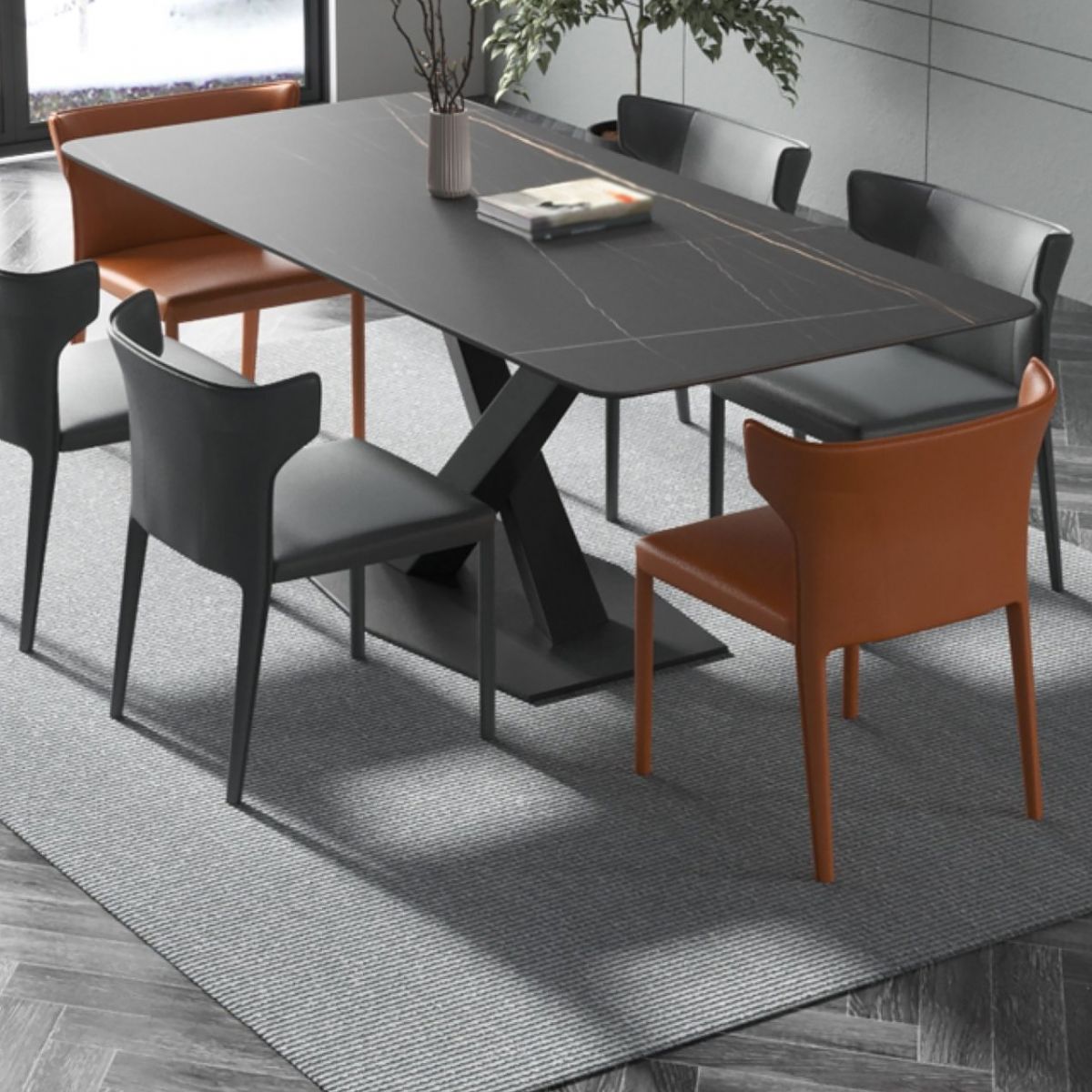 Contemporary Rectangle Dining Room Table Sintered Stone Table with Pedestal Base
