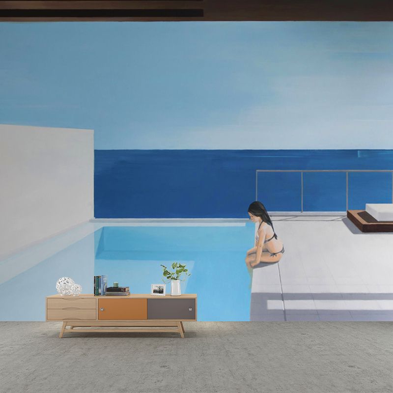 Whole Art Deco Wallpaper Murals Blue-White Sit Alone in Pool Drawing Wall Covering, Size Optional