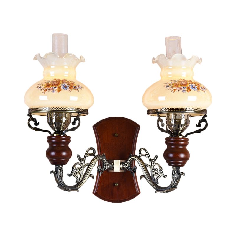 Brass 2 Bulbs Wall Sconce Light Traditional Opal Glass Purse-Like Wall Lighting Idea with Flower Pattern