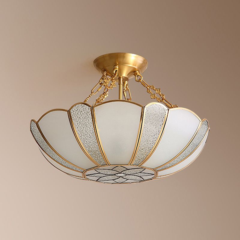 Inverted Bedroom Semi Flush Mount Light Vintage Glass Brass Ceiling Lighting