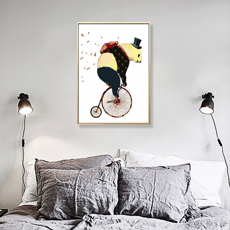 Illustrated Panda Riding Wall Art Kids Cool Animal Canvas in Dark Color for Bedroom