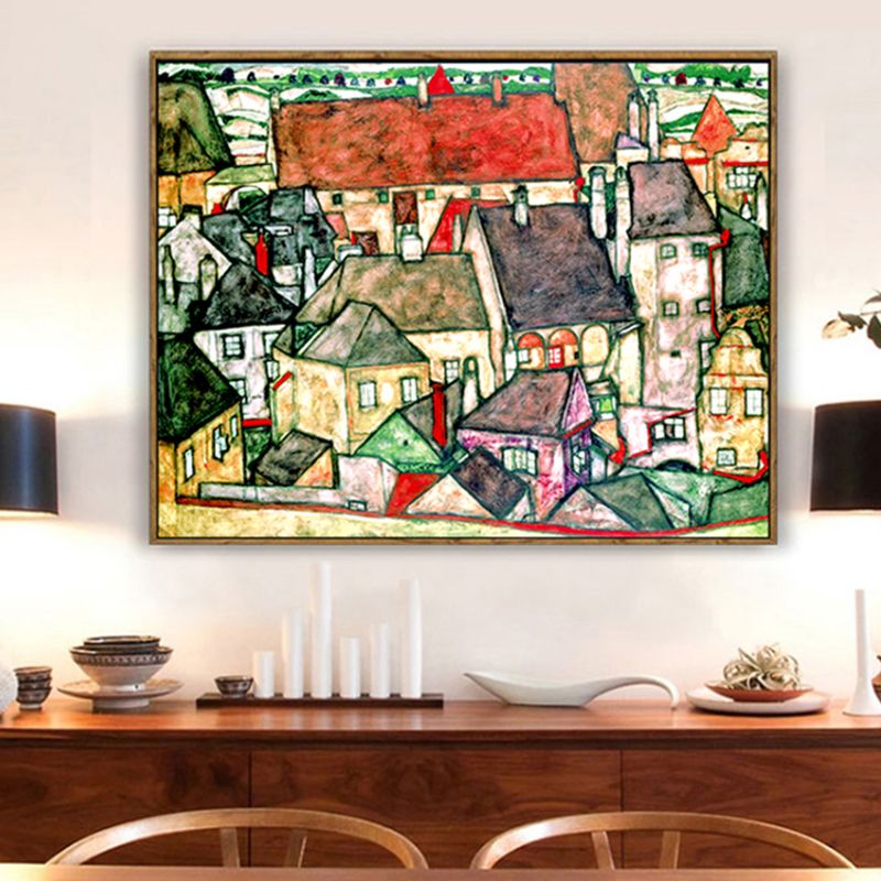 Green Kids Wall Art Decor Egon Schiele Yellow Town Painting Canvas Print for Bedroom