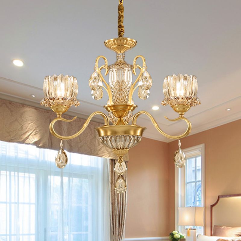 Traditional Lotus Hanging Chandelier 3/5-Light Clear Crystal Glass Ceiling Pendant Lamp in Brass