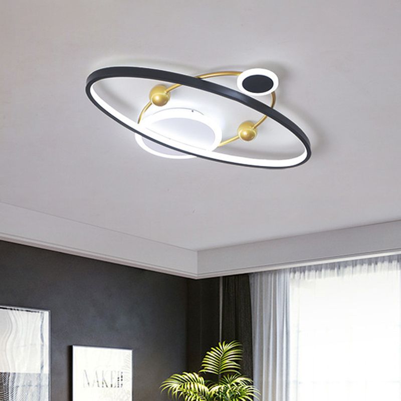 Planet Living Room Flush Mount Lamp Acrylic LED Contemporary Ceiling Mounted Fixture in Black, Warm/White Light