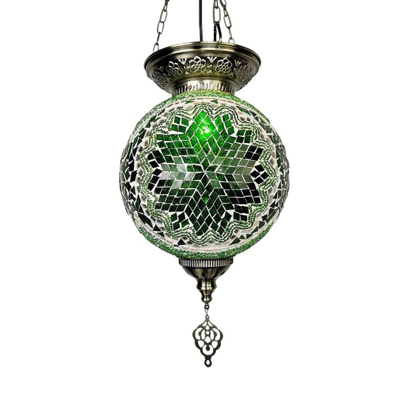 1 Light Stained Art Glass Pendant Light Kit Vintage White/Red/Blue Globe Dining Room Hanging Ceiling Light