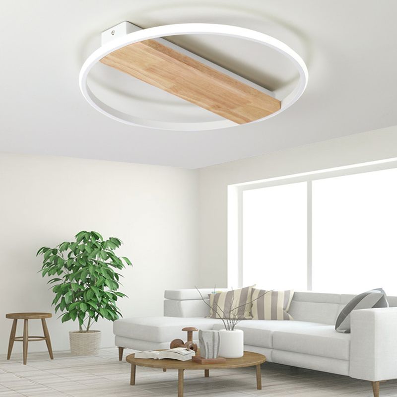Modern LED Ceiling Light Fixture White Circular Ceiling Mounted Light with Wooden Shade