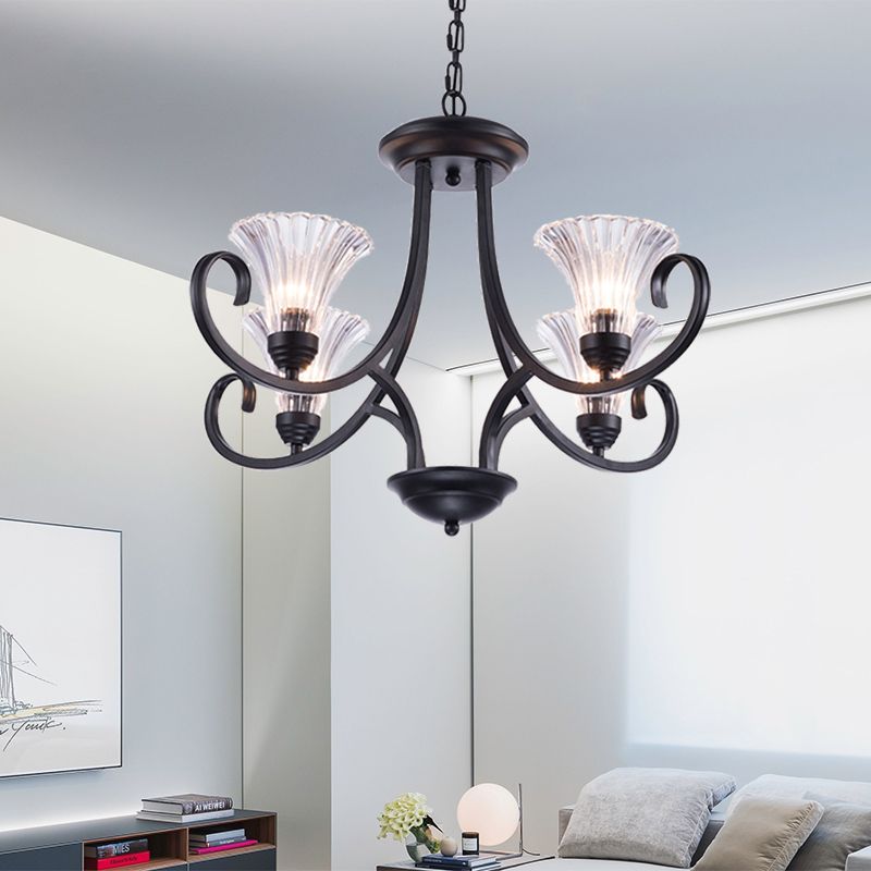 Bell Living Room Ceiling Chandelier Traditional Clear Ribbed Glass 4/6/8 Lights Black Hanging Fixture