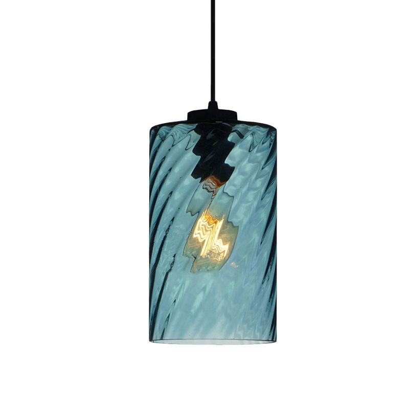 Sphere/Dome/Cylindrical Suspension Pendant Modernist Blue Lattice Glass 1 Light Black Ceiling Hung Light