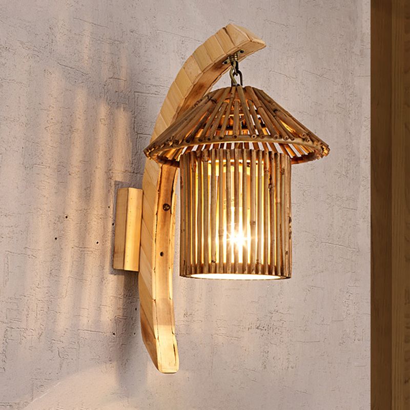 Lámpara de pared de restaurante de 1 cabezal lámpara de madera asiática con tono de bambú de torre