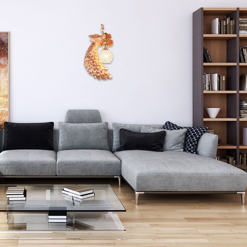 Double/Right/Left Peacock Wall Sconce Loft Style Metal 8"/10" W 1 Bulb Wall Lighting with Dome Crystal Shade in White/Gold