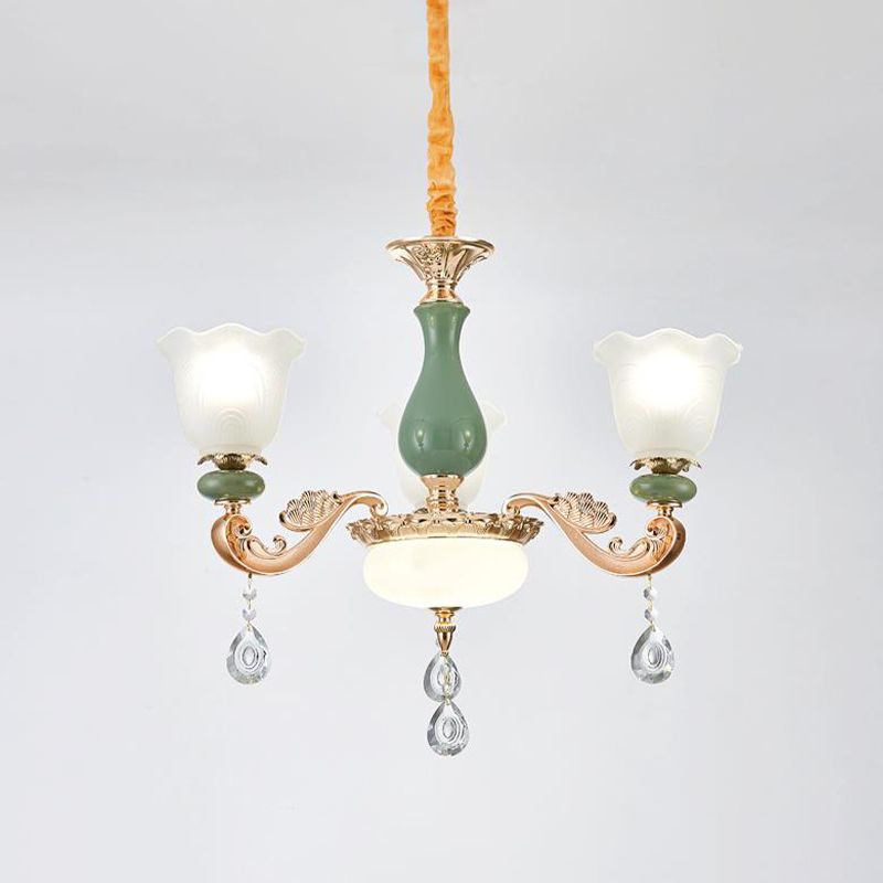 Floral Bedroom Up Chandelier Antique Milk Frosted Glass 3/6 Bulbs Gold and Green Hanging Light with Crystal Drop