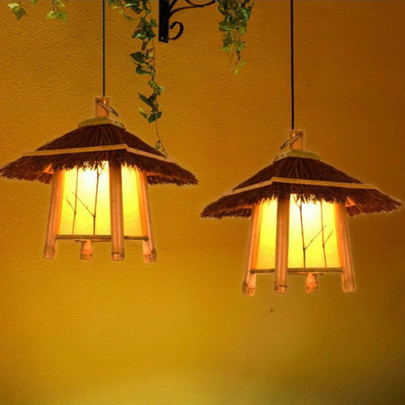 Cottage Woven Shade Drop Pendant Wood 1 Bulb Restaurant Hanging Light Kit in Beige