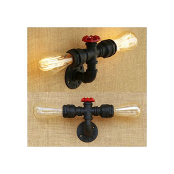 Matte Black 2 Bulbs Wall Mount Light Industrial Style Metallic Water Pipe Wall Lighting for Bedroom