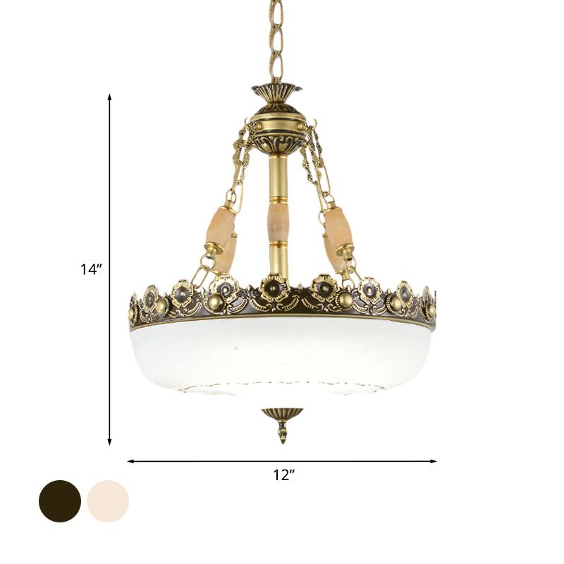 Beige/Bronze 3 Bulbs Chandelier Traditional White Glass Inverted Pendant Light with Carved Edge, 12"/16" W