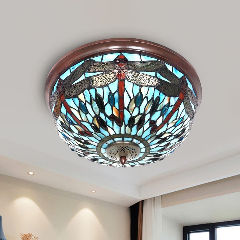 Blue/Red Dome Flush Mount Light Tiffany Stained Glass LED Close to Ceiling Lamp with Dragonfly Pattern