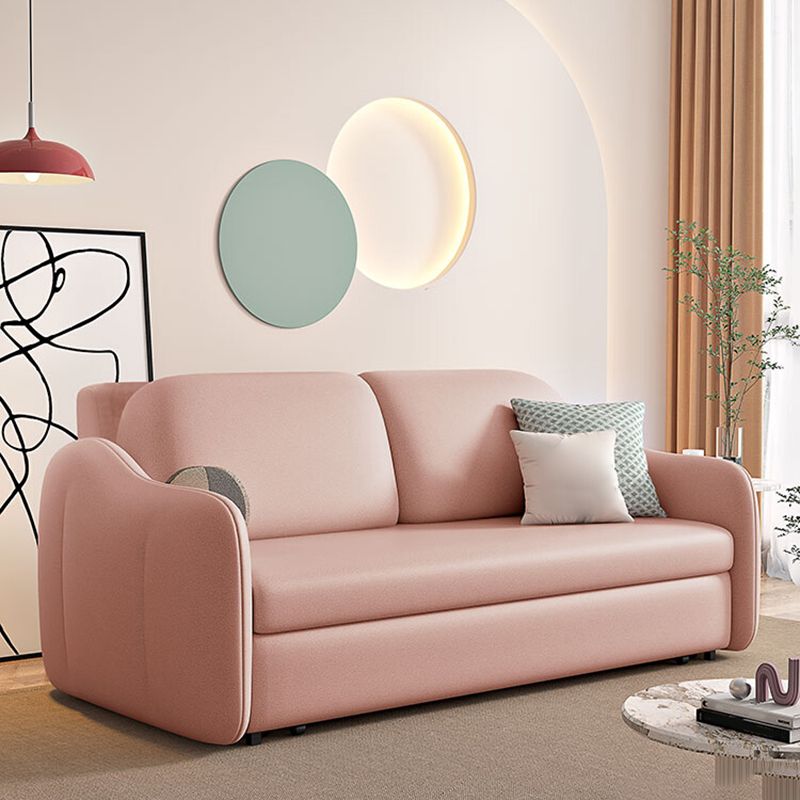 Scandinavian Faux Leather Sleeper Sloped Arm Sofa Bed in Pink