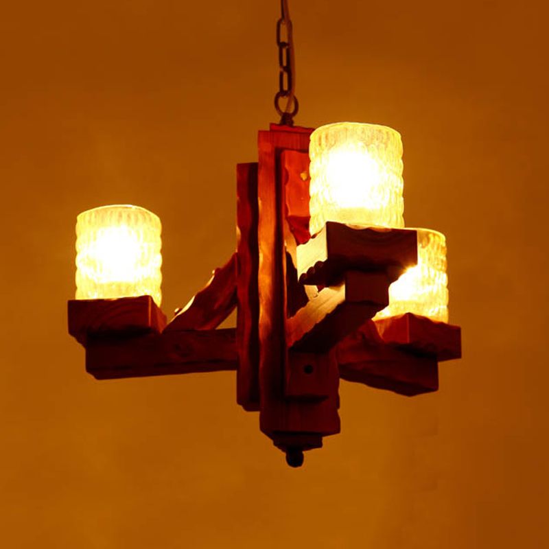 Cilindro sala da pranzo il lampadario a pendente lampadario rustico in vetro spremuto a 3 luci illuminazione a sospensione marrone con braccio in legno