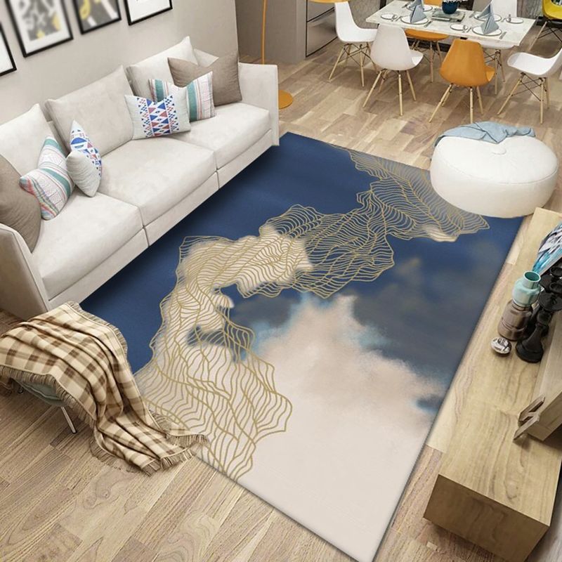 Blue Tone Modern Indoor Rug Polyester Expressionism Print Carpet Easy Care Rug for Home Decoration