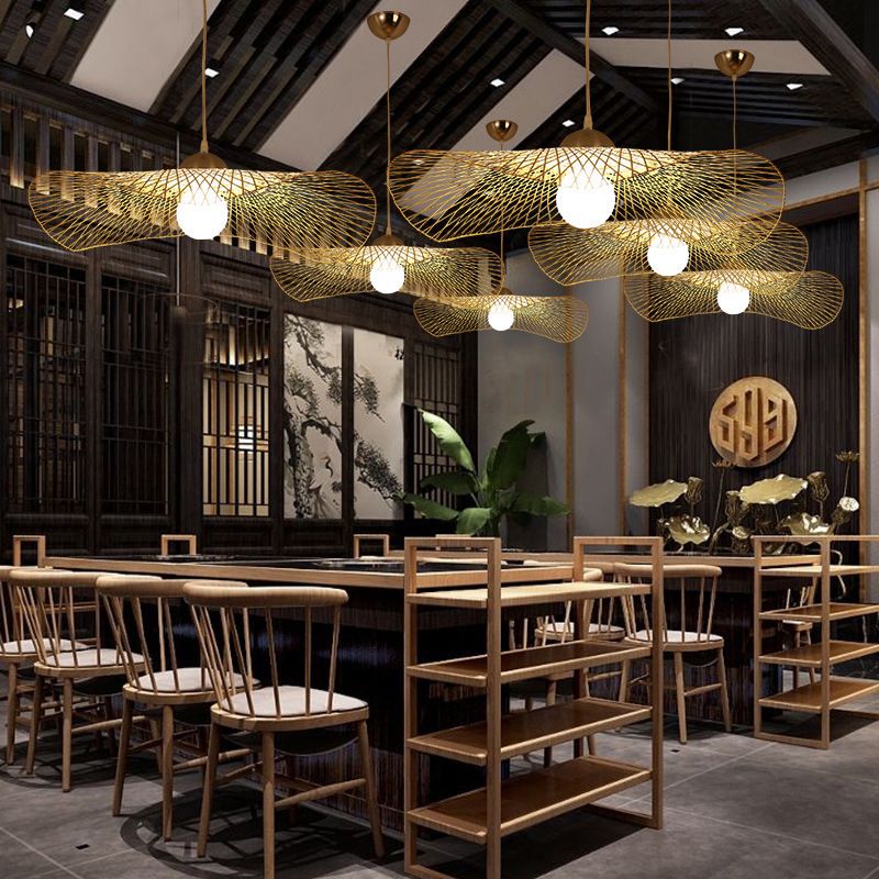 Lotus Leaf Bamboo Ceiling Light Modern Single Wood Hanging Pendant Light for Restaurant