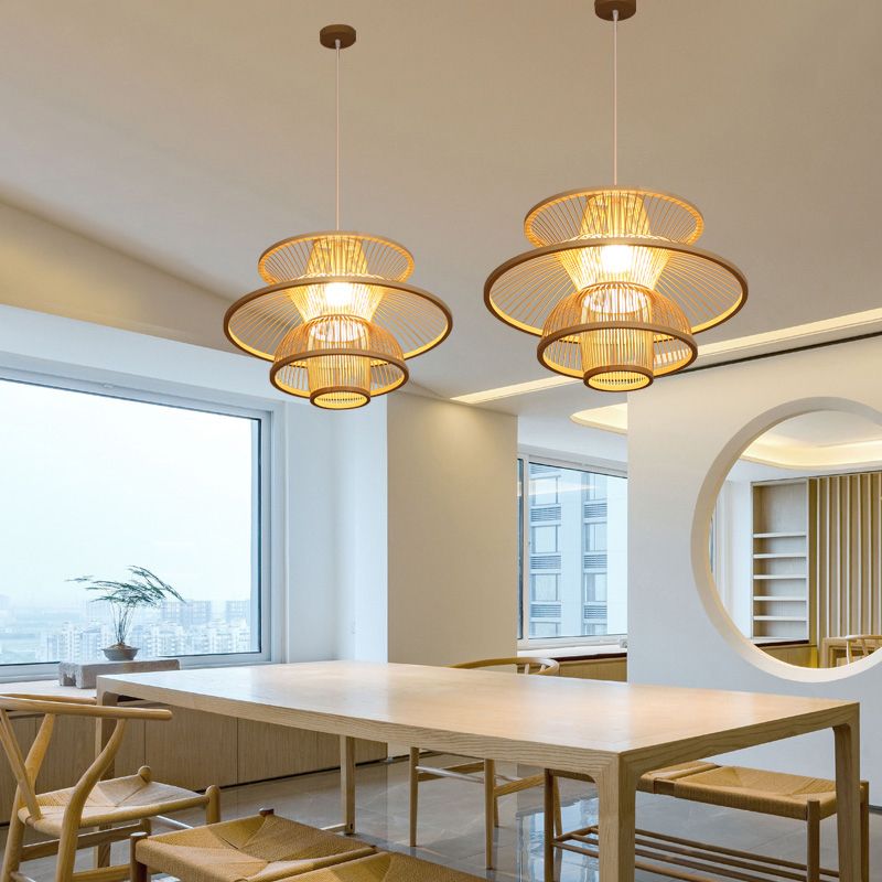 Lotus-Like Bamboo Ceiling Light Asian Style 1 Bulb Wood Hanging Light for Restaurant