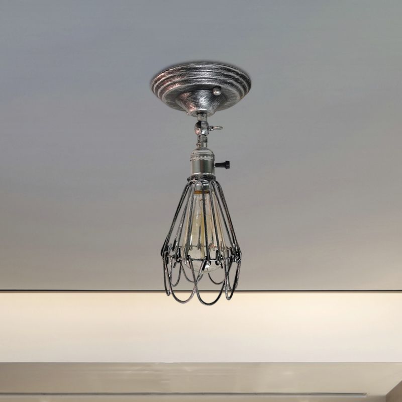Plafonnier semi-encastré en cage en fer forgé, style ferme, élégant, 1 lumière, luminaire de plafond pour chambre à coucher, rouille/argent vieilli