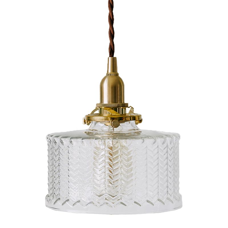 Fish-bone Texture Glass Hanging Light Brass Drum Shade Pendant Lamp for Bedroom Dining Room