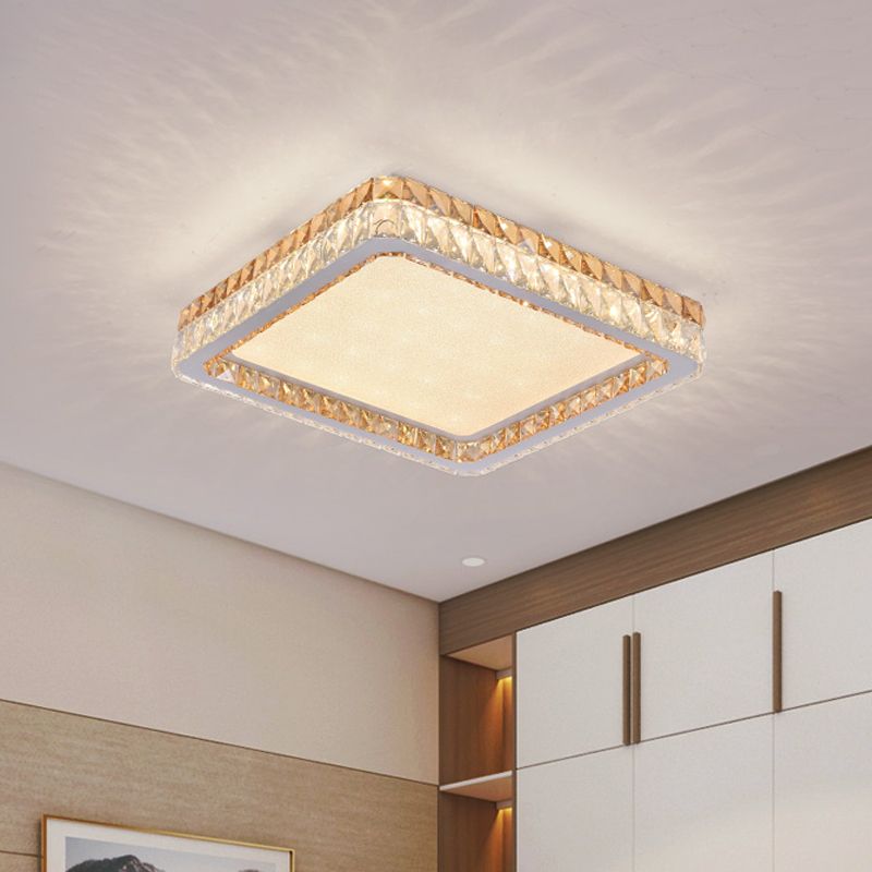 Minimalist Square Ceiling Flush Mount Clear and Gold Crystal Encrusted LED Flushmount Lighting in White