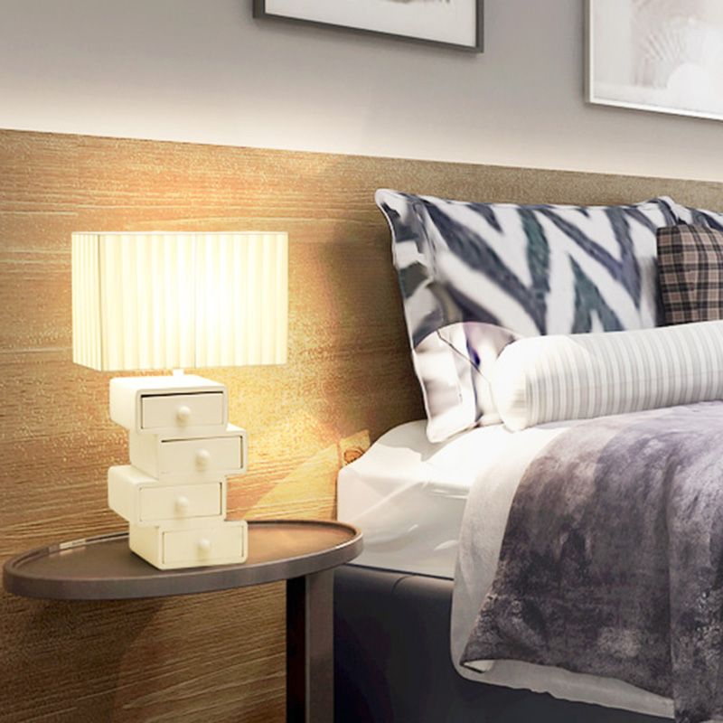 Luz de mesa de tela rectángulo 1 cabeza 1 cabeza lámpara de mesita de noche blanca con base de madera de cajón