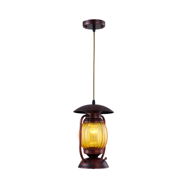 Copper 1-Light Ceiling Hang Lamp Farmhouse Amber Ribbed Glass Lantern Drop Pendant over Table