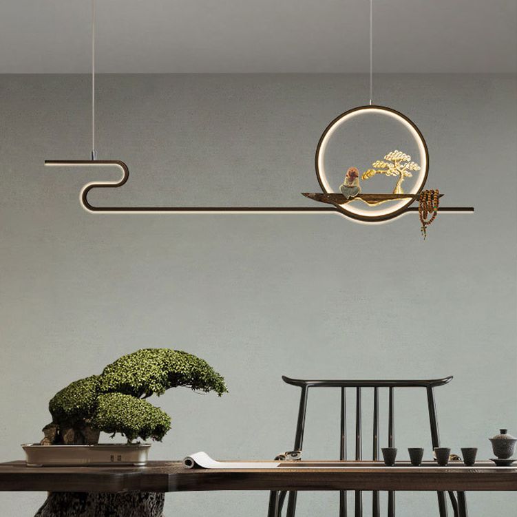 Minimalist Artistry Linear Hanging Lamp Metal Study Room LED Island Light with Monk and Tree Decor