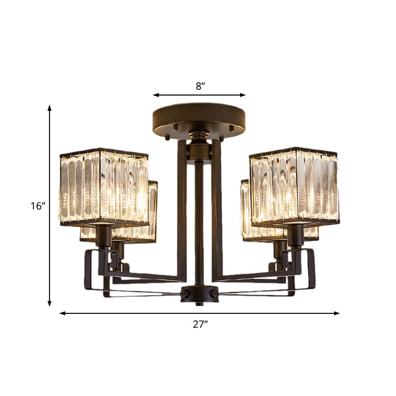 Iluminación semi rasponjera cuadrada de negro 4/6/8 luces de estilo de techo de metal de estilo vintage con prisma de cristal para dormitorio