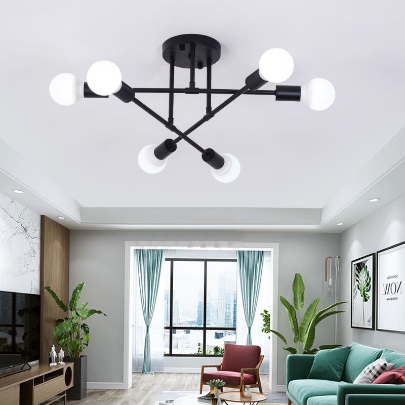 Radial 6-Light Semi Flush Mount in Modern Creative Style Bare Bulb Ceiling Light