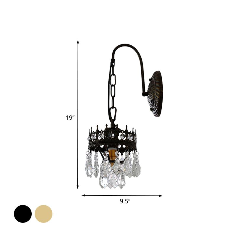 Traditionalism Crown Wall Light Sconce Metallic 1 Light Living Room Wall Lamp in Brass/Black with Crystal Droplet
